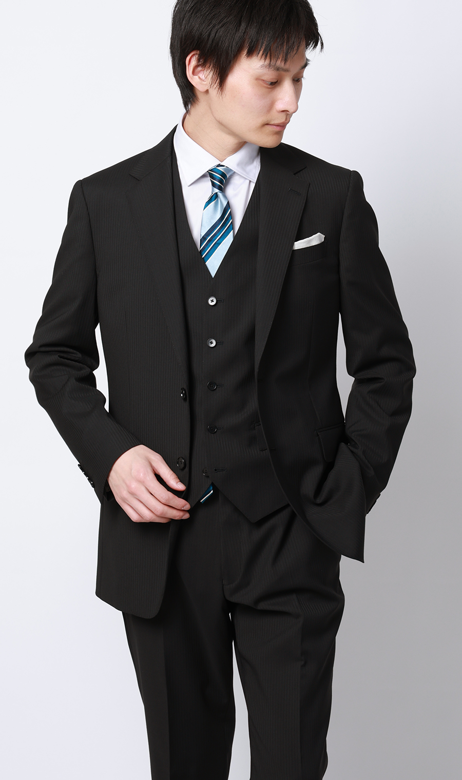 スタイリッシュスーツ【スリーピース】【Plastics Smart】 ブラック 体型:YA体(スリム型),号数（身長）:3号(160cm)