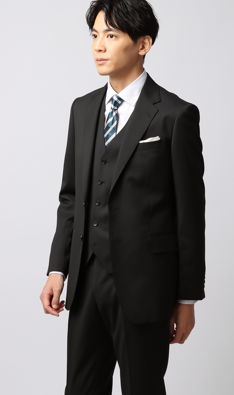 スタイリッシュスーツ【スリーピース】【Plastics Smart】 ブラック 体型:YA体(スリム型),号数（身長）:3号(160cm)