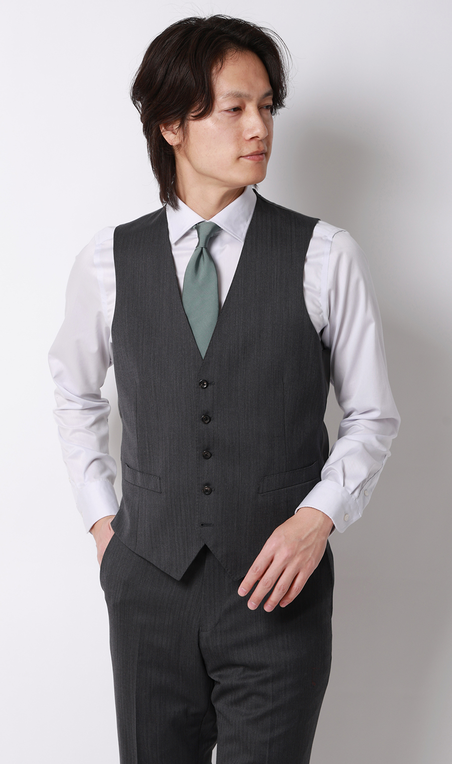 プレミアムスタイリッシュスーツ【スリーピース】【Super100's】 グレー 体型:YA体(スリム型),号数（身長）:4号(165cm)