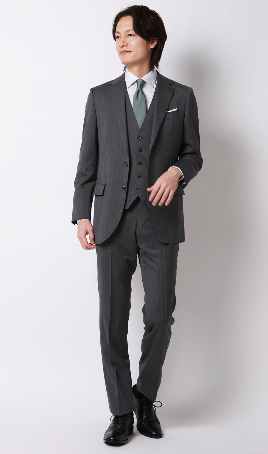 プレミアムスタイリッシュスーツ【スリーピース】【Super100's】 グレー 体型:YA体(スリム型),号数（身長）:4号(165cm)