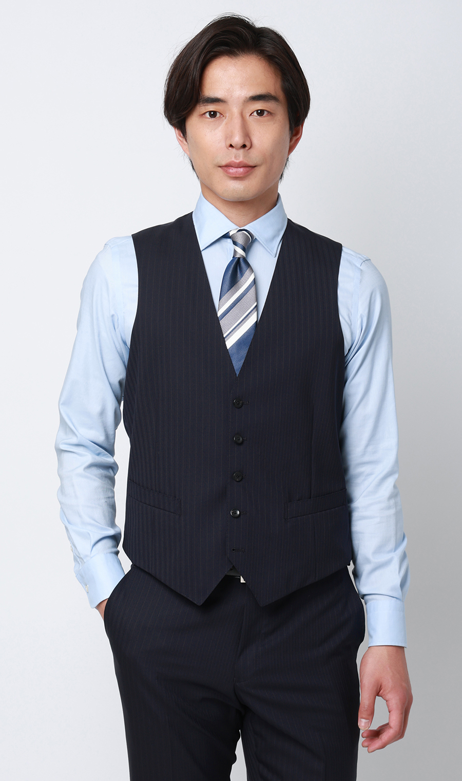 プレミアムスタイリッシュスーツ【スリーピース】【Super100's】 ネイビー 体型:YA体(スリム型),号数（身長）:3号(160cm)