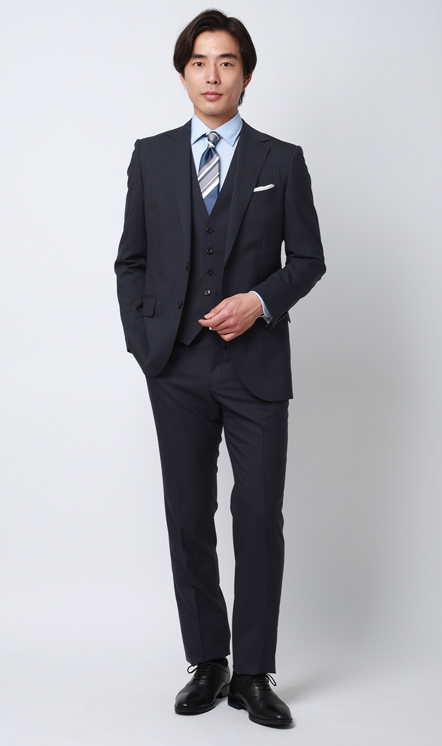 プレミアムスタイリッシュスーツ【スリーピース】【Super100's】 ネイビー 体型:YA体(スリム型),号数（身長）:3号(160cm)
