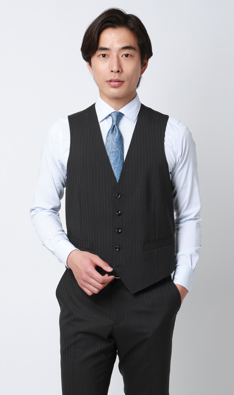 プレミアムスタイリッシュスーツ【スリーピース】【Super100's】 チャコール 体型:YA体(スリム型),号数（身長）:3号(160cm)