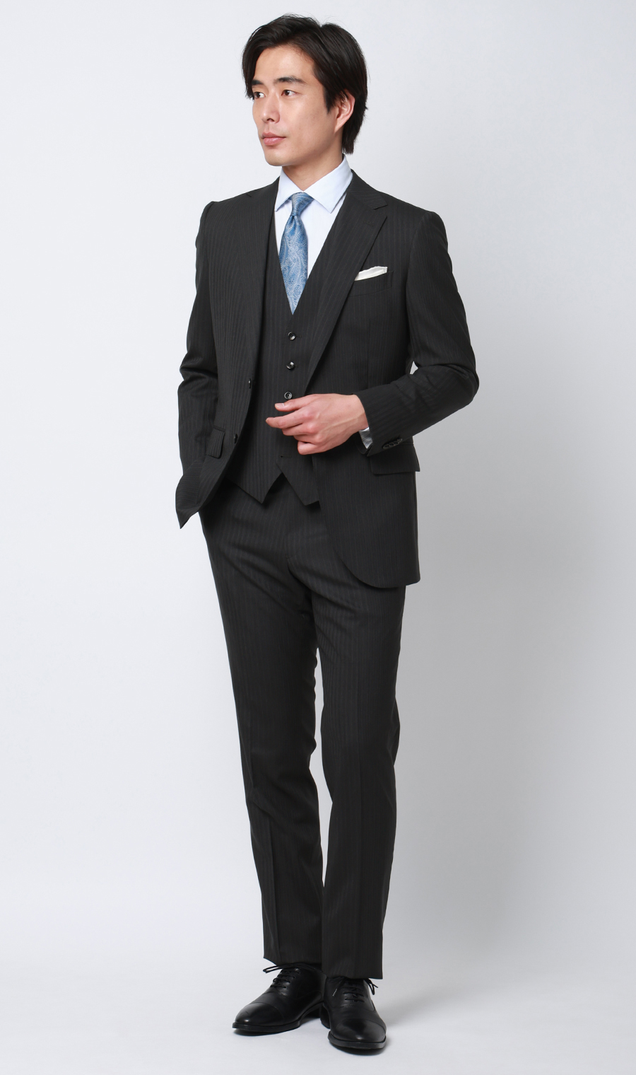 プレミアムスタイリッシュスーツ【スリーピース】【Super100's】 チャコール 体型:YA体(スリム型),号数（身長）:3号(160cm)