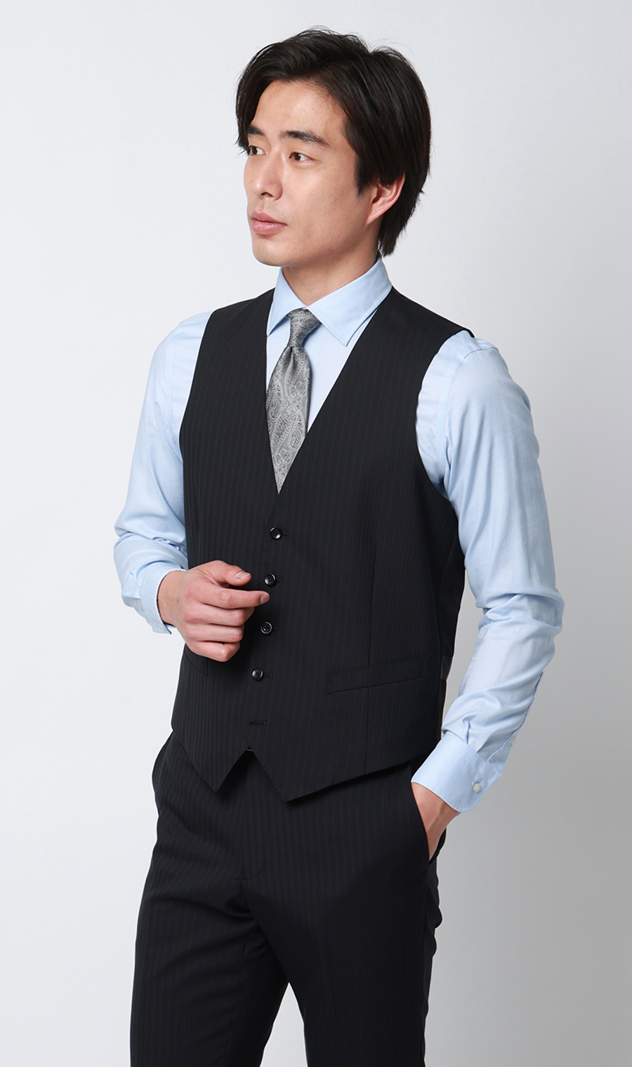 プレミアムスタイリッシュスーツ【スリーピース】【Super100's】 ブラック 体型:YA体(スリム型),号数（身長）:3号(160cm)