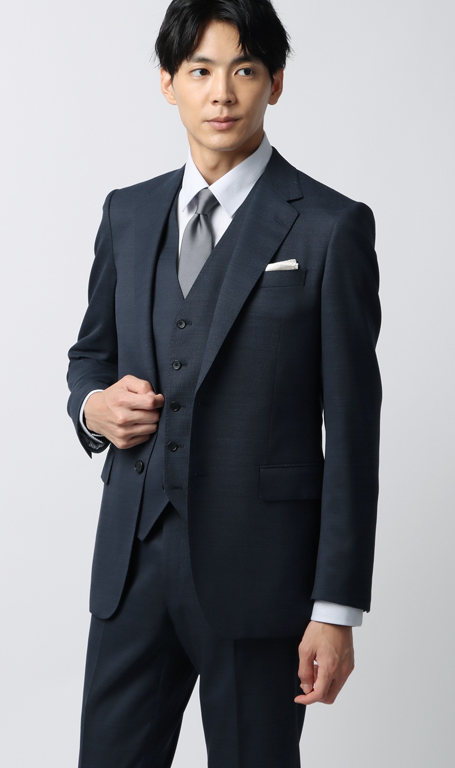 【未使用に近い】スーツセレクト スーツ スリーピース ネイビー A5 スリム 発送在庫あり】【SLIM TAPERED_2】【秋冬】2釦シングル