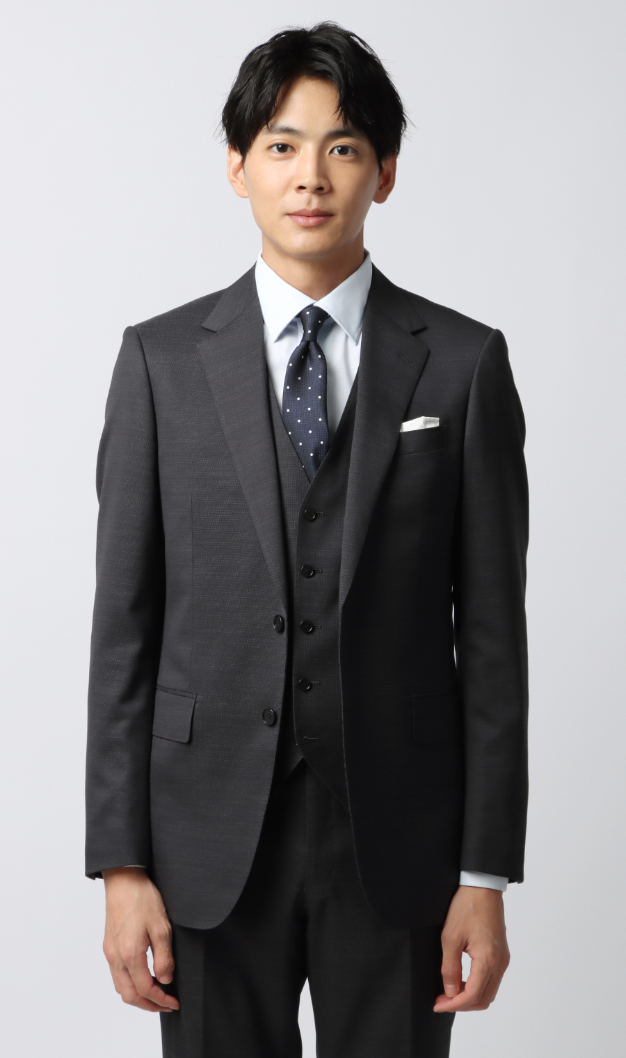 スタイリッシュスーツ【スリーピース】【Plastics Smart】 チャコール 体型:BE体(ゆったり型),号数（身長）:8号(185cm)