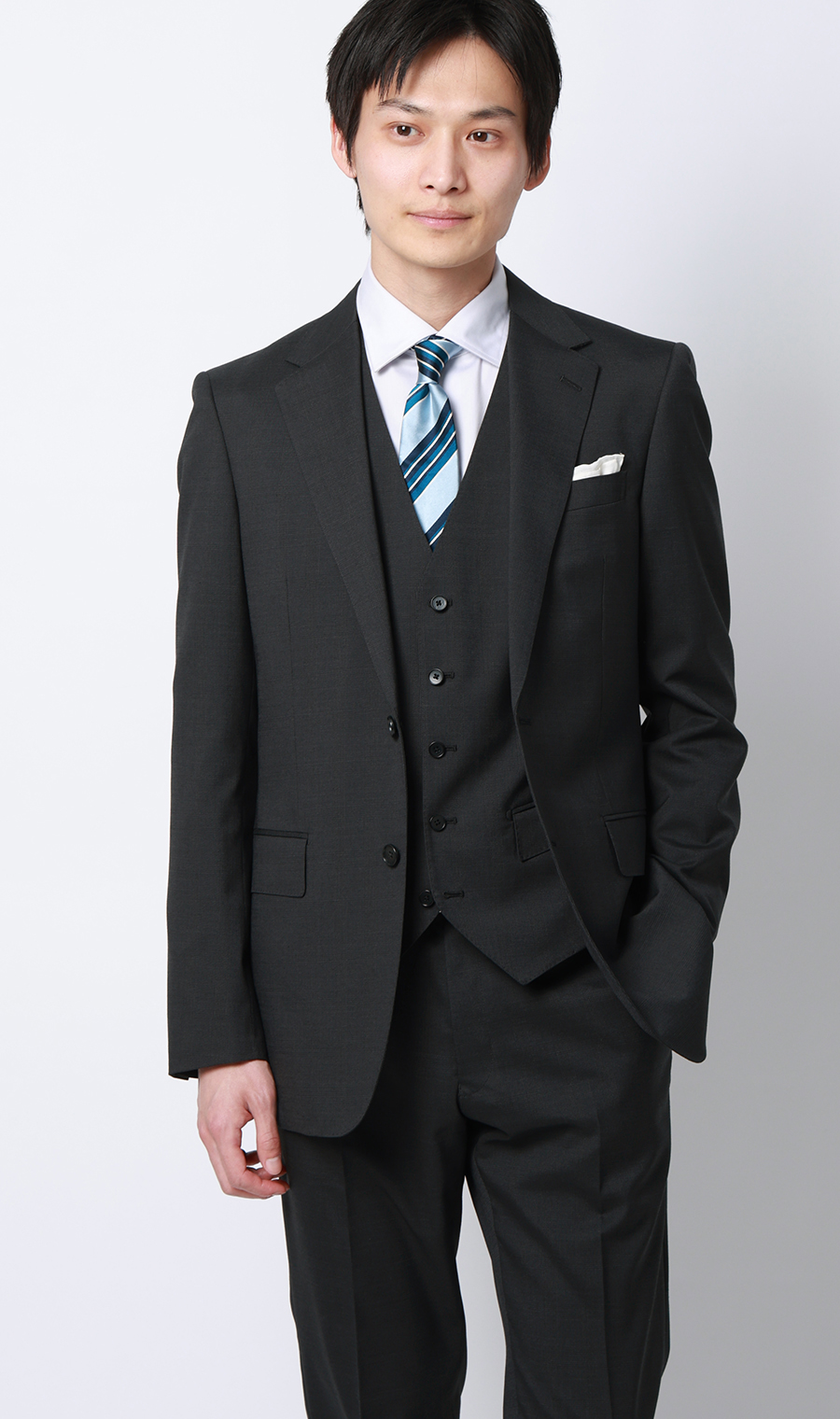 スタイリッシュスーツ【スリーピース】【Plastics Smart】 チャコール 体型:YA体(スリム型),号数（身長）:3号(160cm)