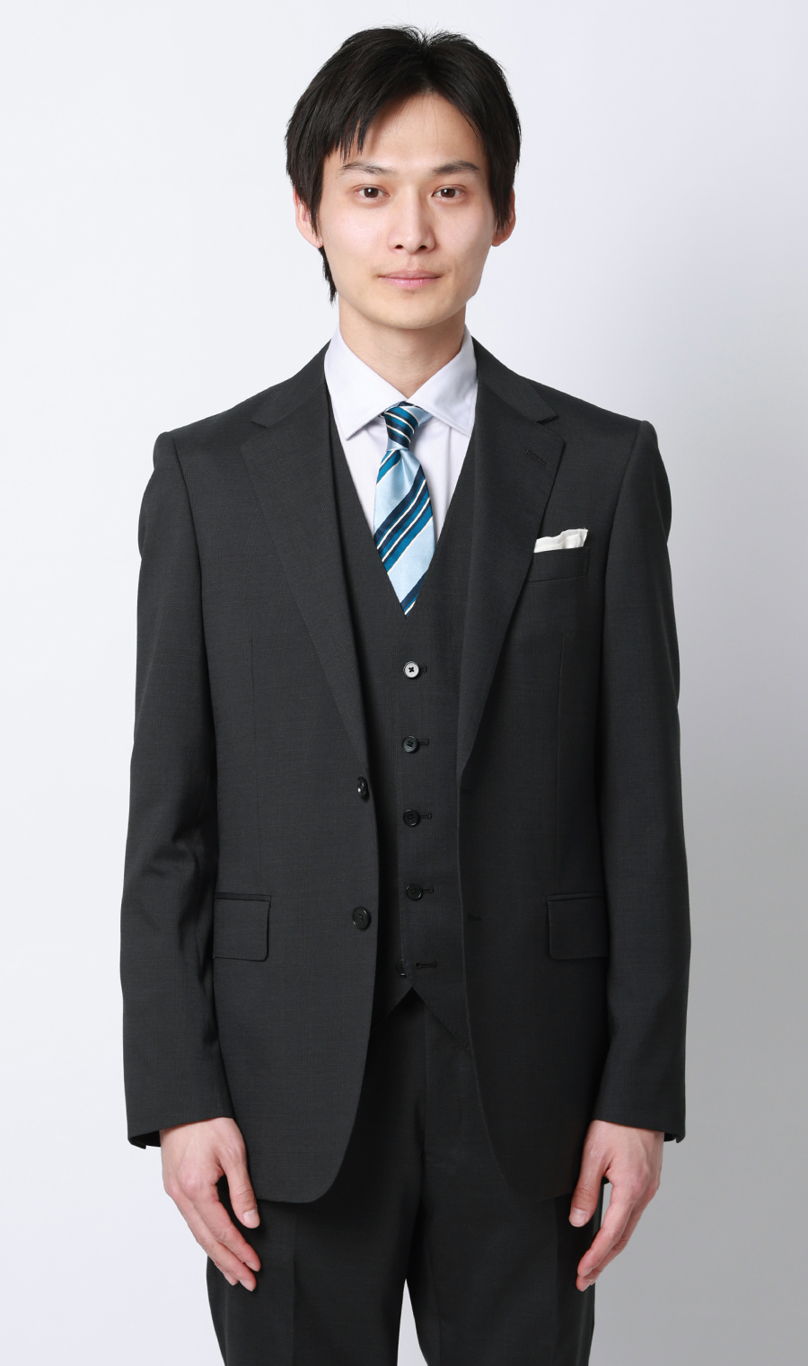 スタイリッシュスーツ【スリーピース】【Plastics Smart】 チャコール 体型:YA体(スリム型),号数（身長）:3号(160cm)
