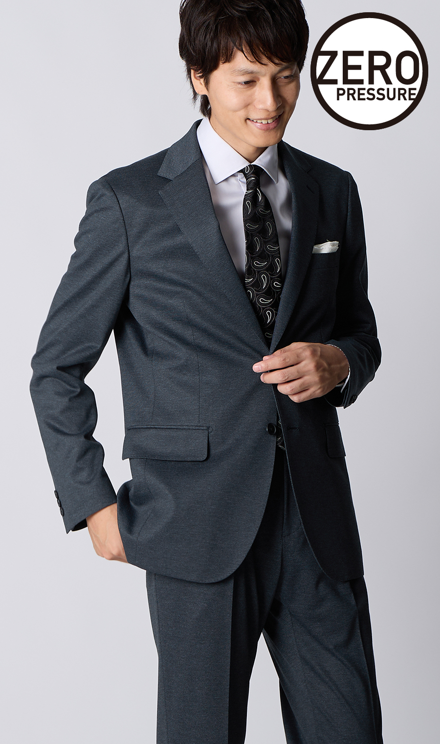 ゼロプレッシャーテーラー【シングル2ボタンスーツ】【裾上げ済み】 ネイビー 体型:A体(標準型),号数（身長）:4号(165cm)