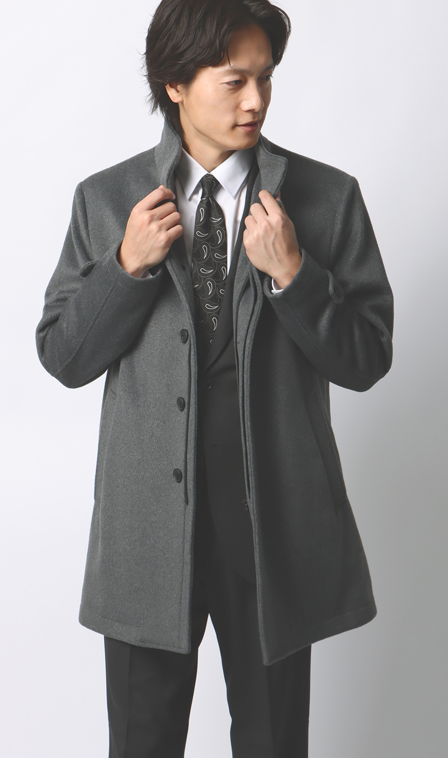 スタンドカラーコート グレー S