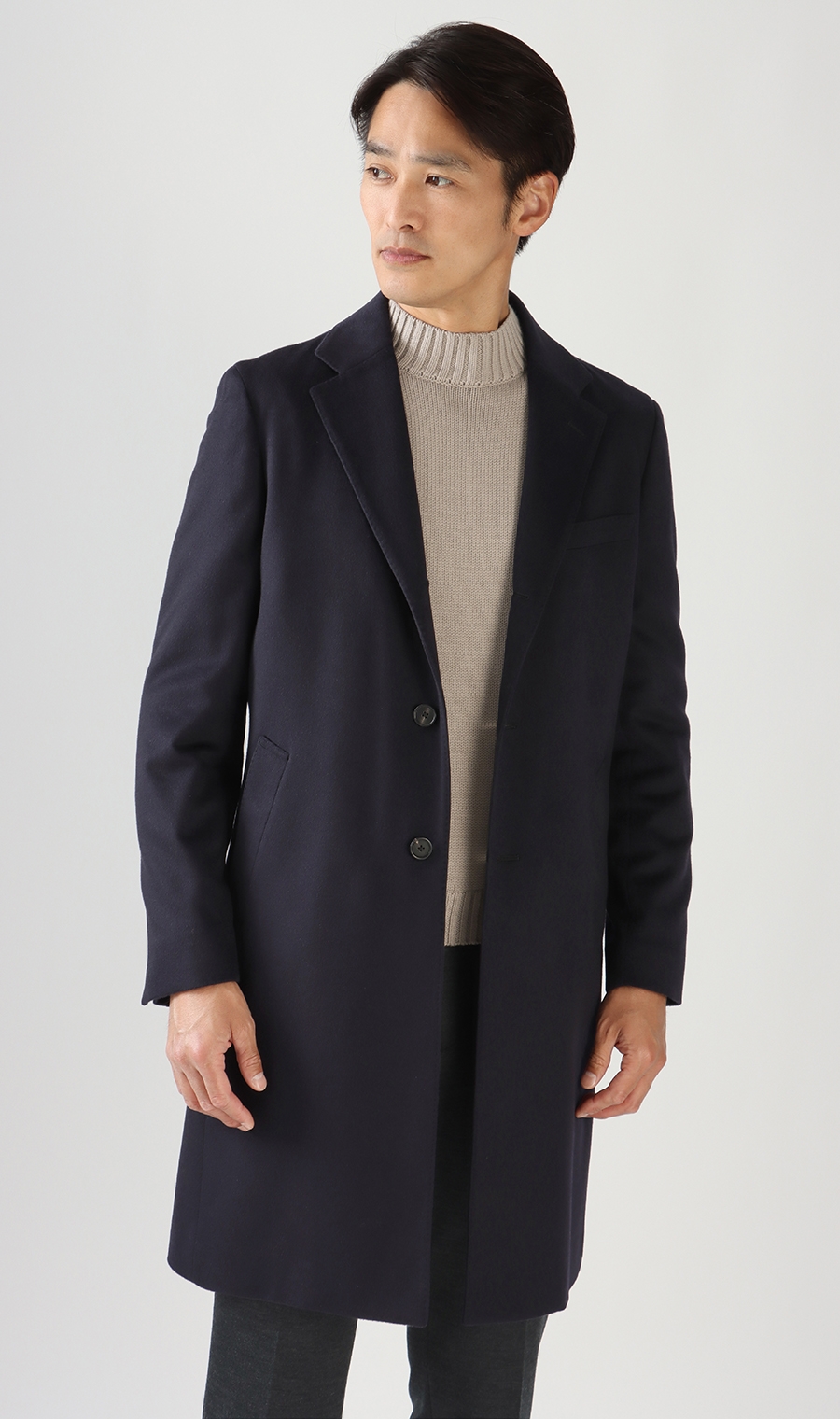 ロングシングルチェスターコート《カシミヤ》《LUIGI COLOMBO》 ネイビー S