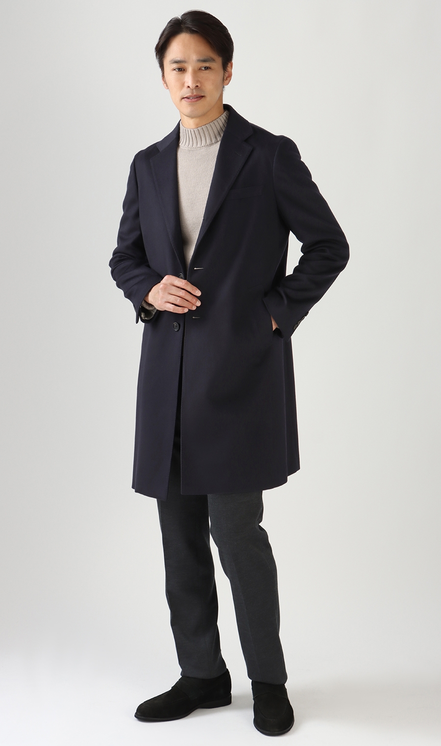 ロングシングルチェスターコート《カシミヤ》《LUIGI COLOMBO》 ネイビー S