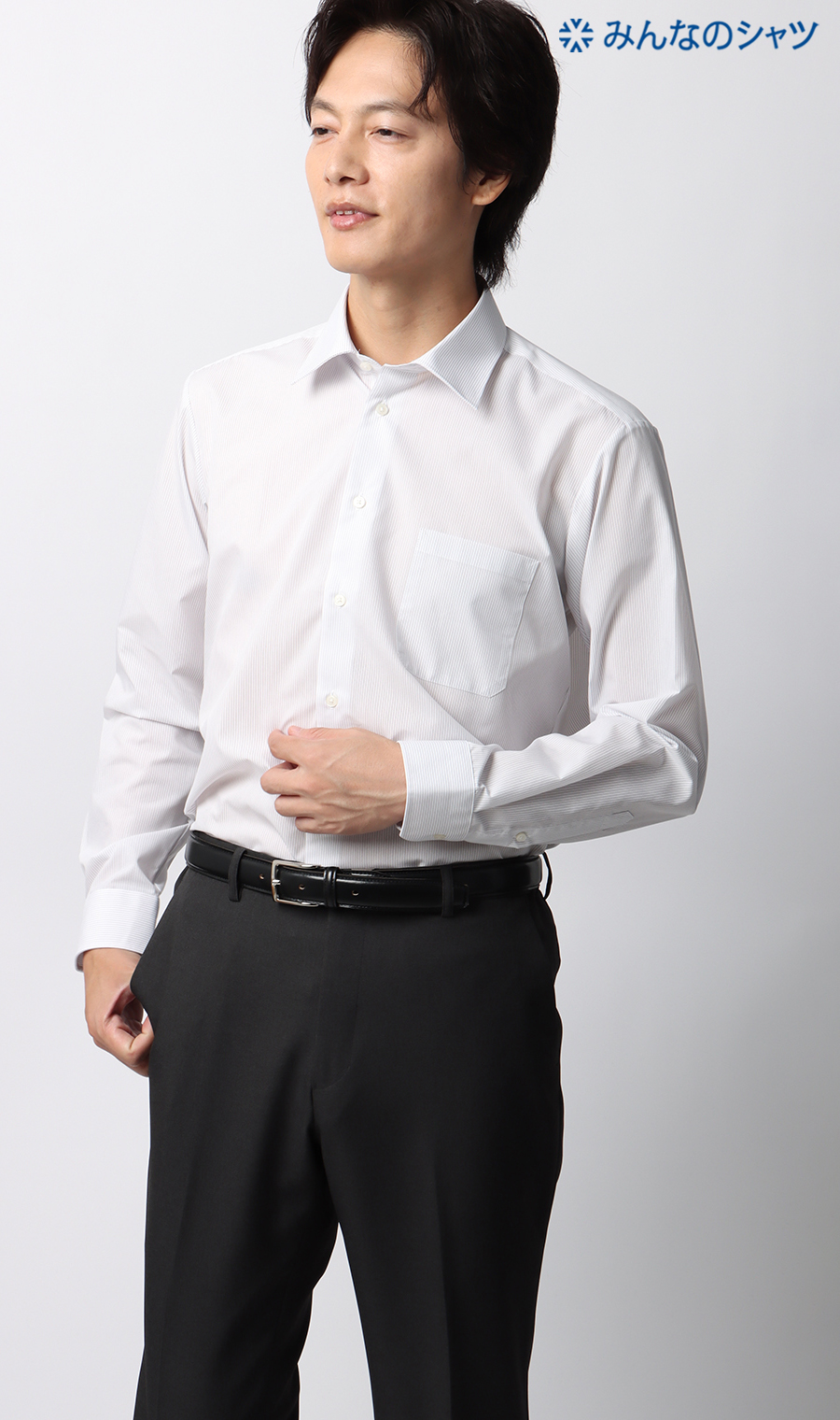 【みんなのシャツ】レギュラーカラーワイシャツ グレー 首周り:37cm,裄丈:78cm