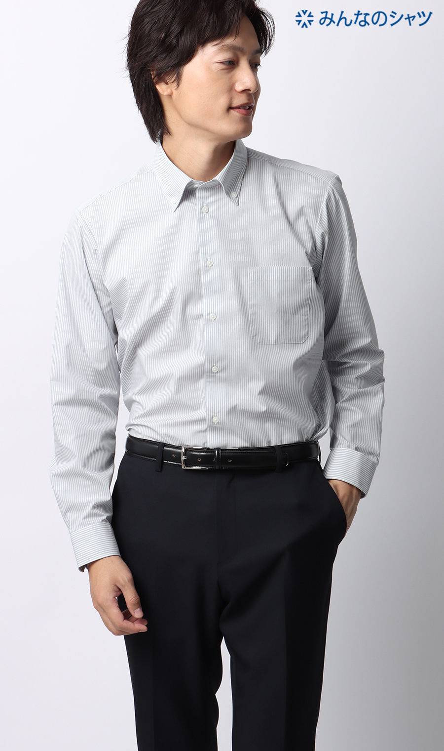 ■【みんなのシャツ】ボタンダウンワイシャツ グレー 首周り:41cm,裄丈:82cm