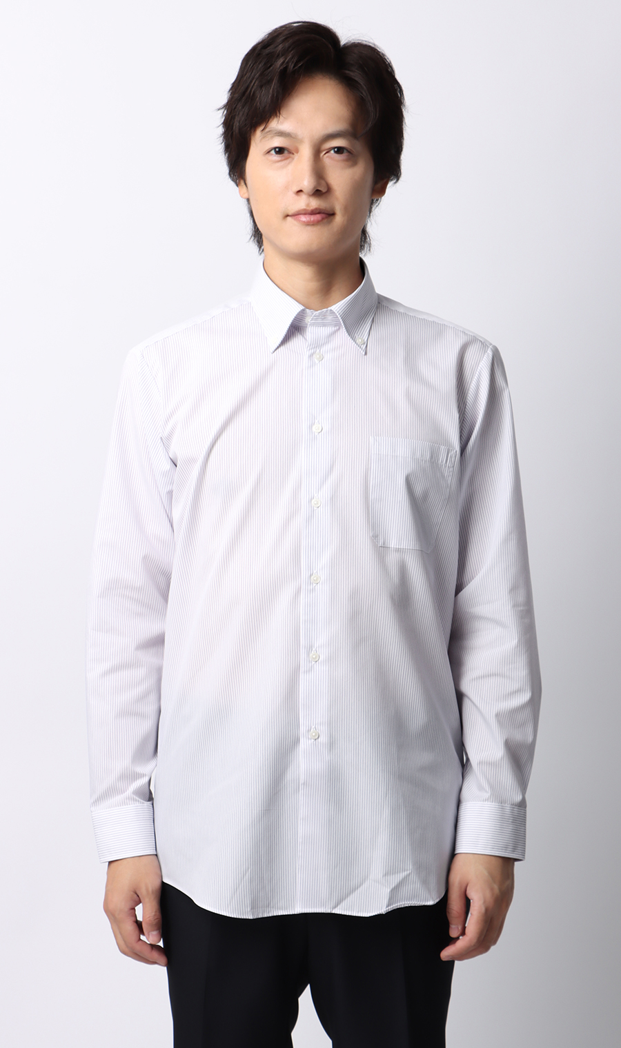 【みんなのシャツ】ボタンダウンワイシャツ パープル 首周り:43cm,裄丈:82cm