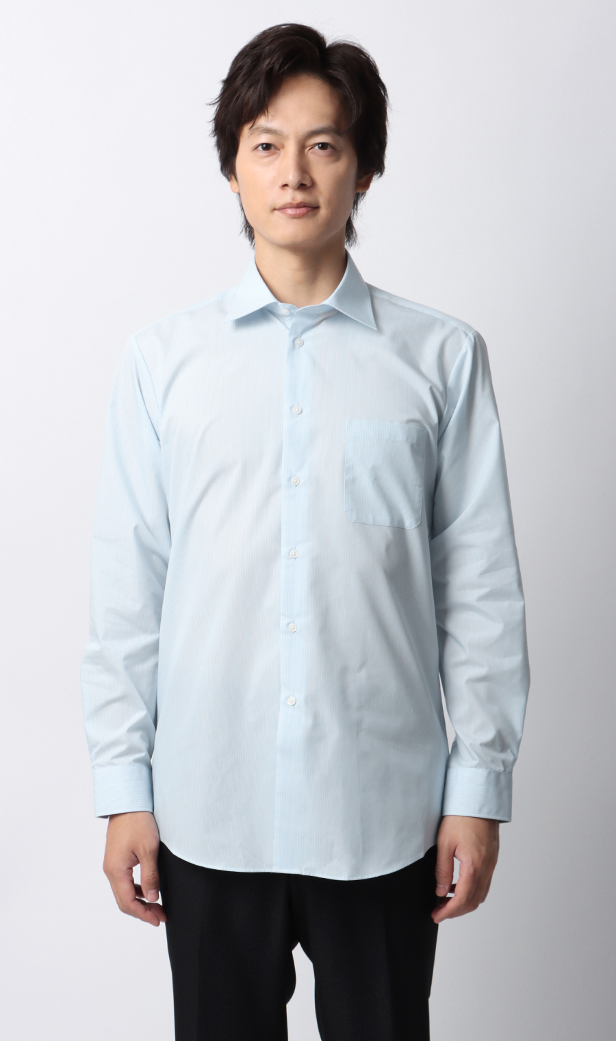 【みんなのシャツ】ワイドカラーワイシャツ ブルー 首周り:43cm,裄丈:82cm