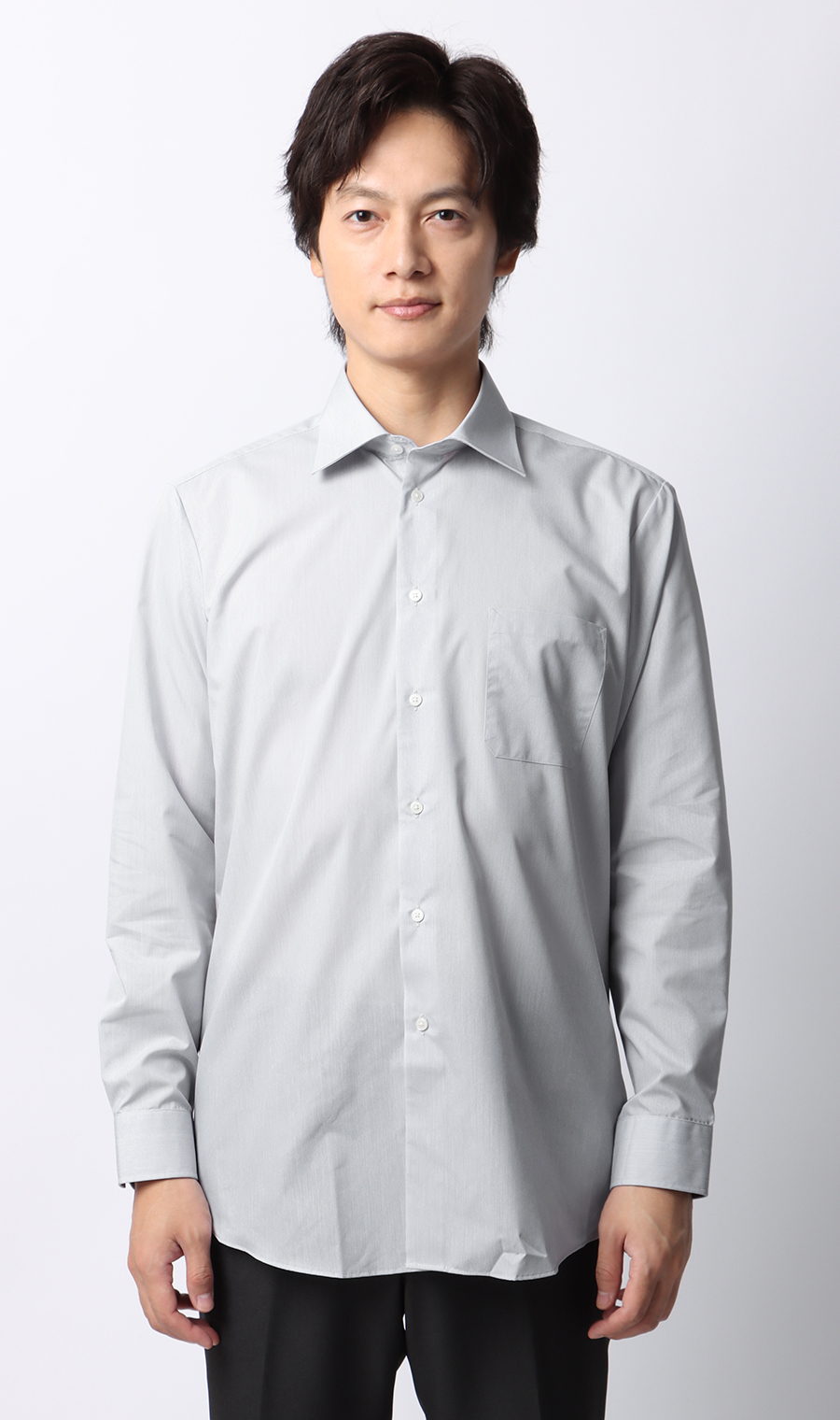 ■【みんなのシャツ】ワイドカラーワイシャツ グレー 首周り:43cm,裄丈:82cm