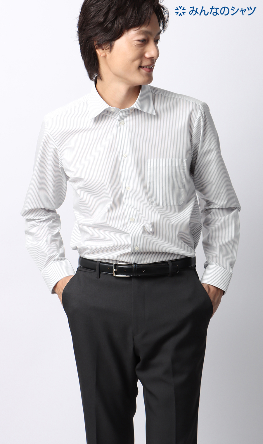 【みんなのシャツ】ワイドカラーワイシャツ グレー 首周り:41cm,裄丈:82cm