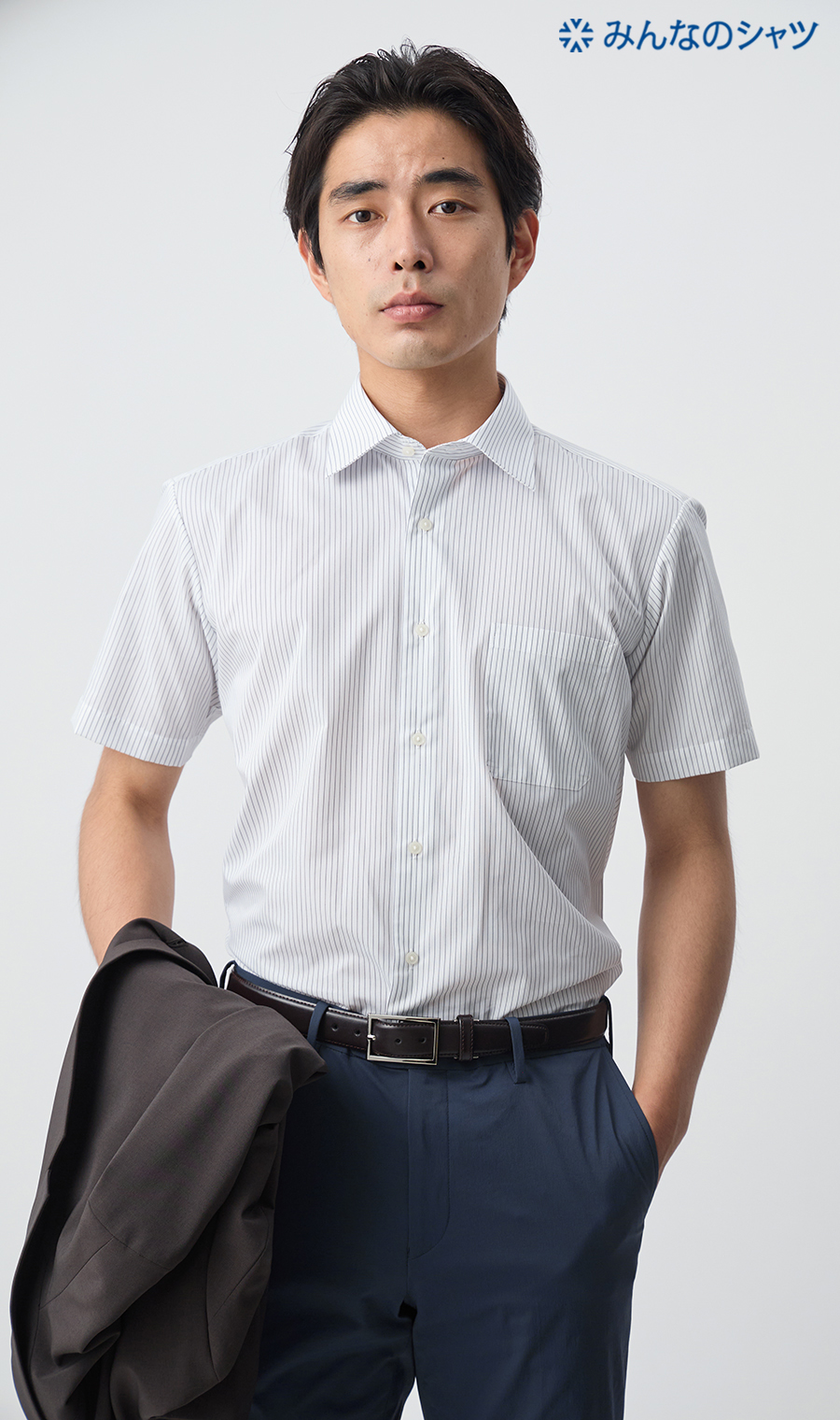 【みんなのシャツ】ワイドカラーワイシャツ【涼】【半袖】 グレー 首周り:37cm,裄丈:00