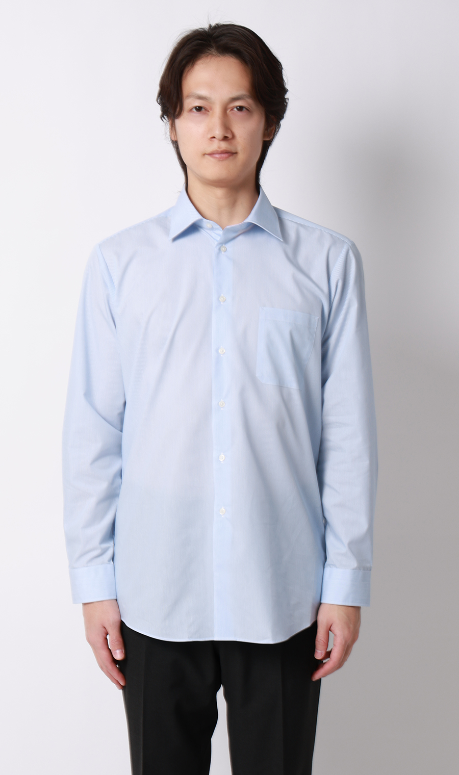 【みんなのシャツ】ワイドカラーワイシャツ ブルー 首周り:37cm,裄丈:78cm