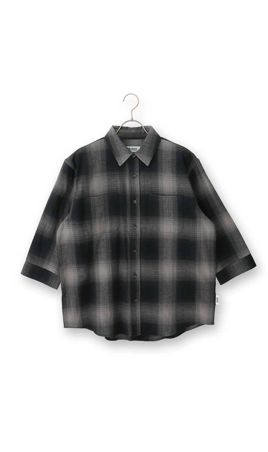 オンブレチェックシャツ【7分袖】【LOGOS】 ブラック M