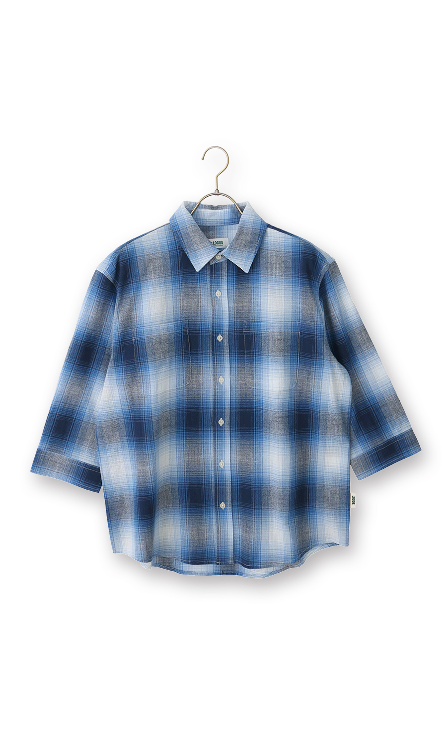 オンブレチェックシャツ【7分袖】【LOGOS】 ブルー M