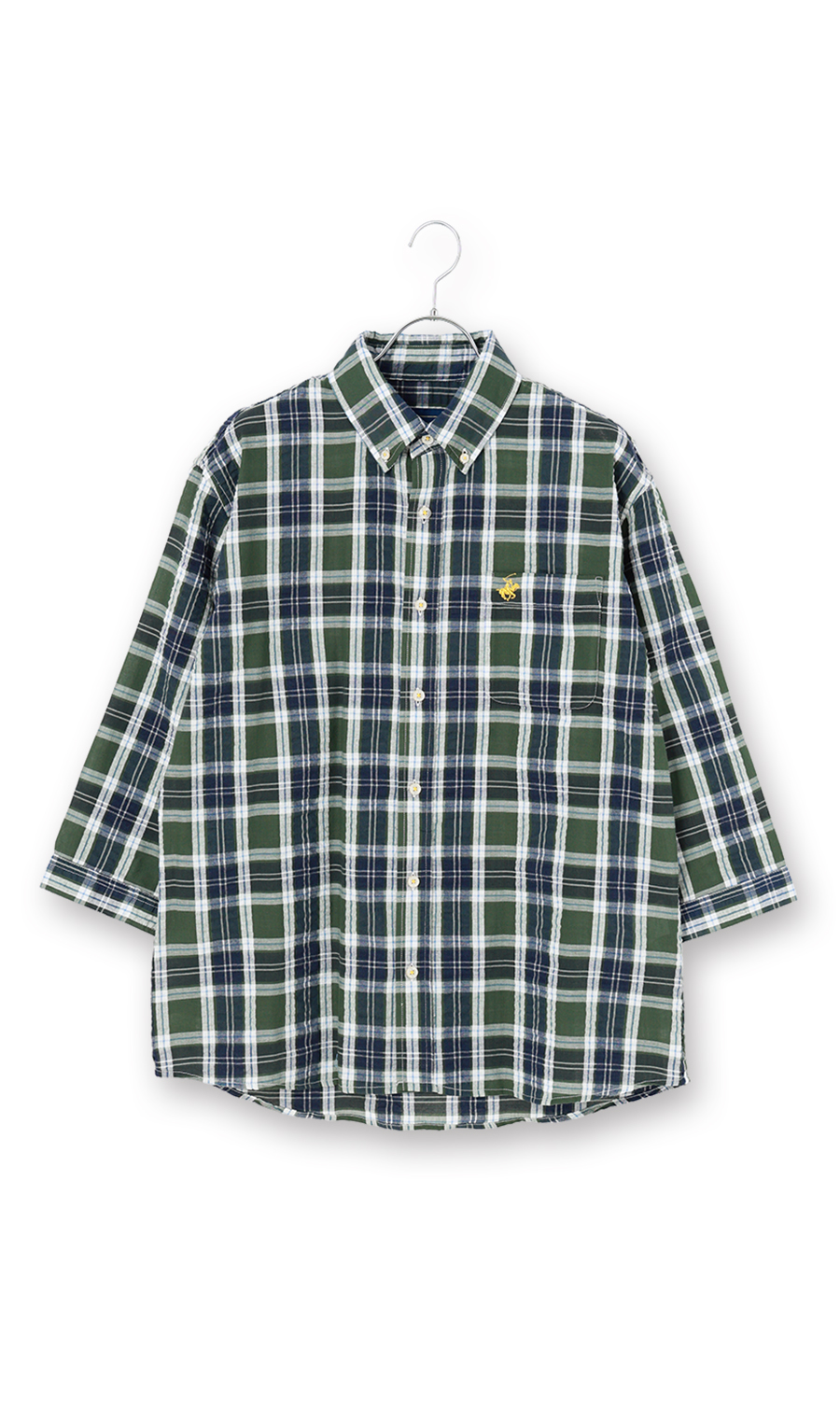 サッカーチェックボタンダウンシャツ【7分袖】【BEVERLY HILLS POLO CLUB】 グリーン M