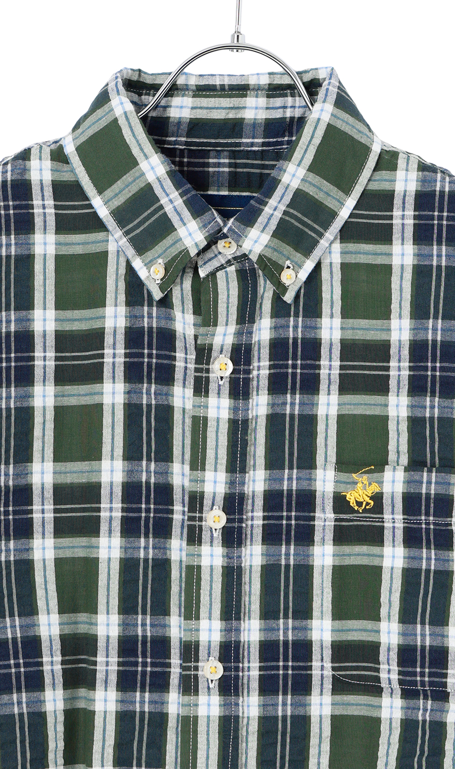 サッカーチェックボタンダウンシャツ【7分袖】【BEVERLY HILLS POLO CLUB】 グリーン M