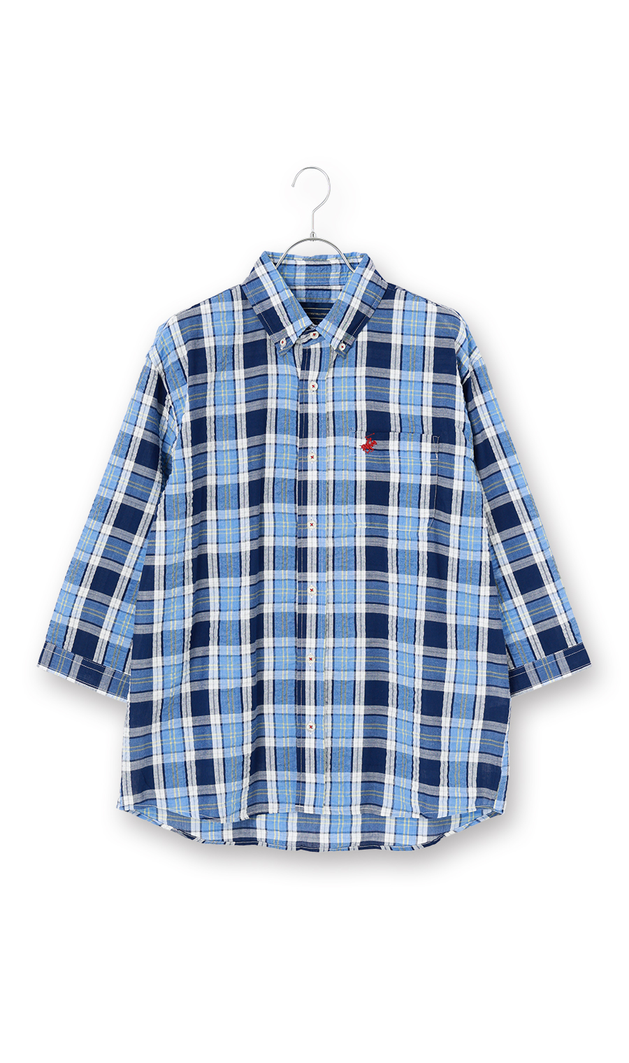 サッカーチェックボタンダウンシャツ【7分袖】【BEVERLY HILLS POLO CLUB】 ブルー L