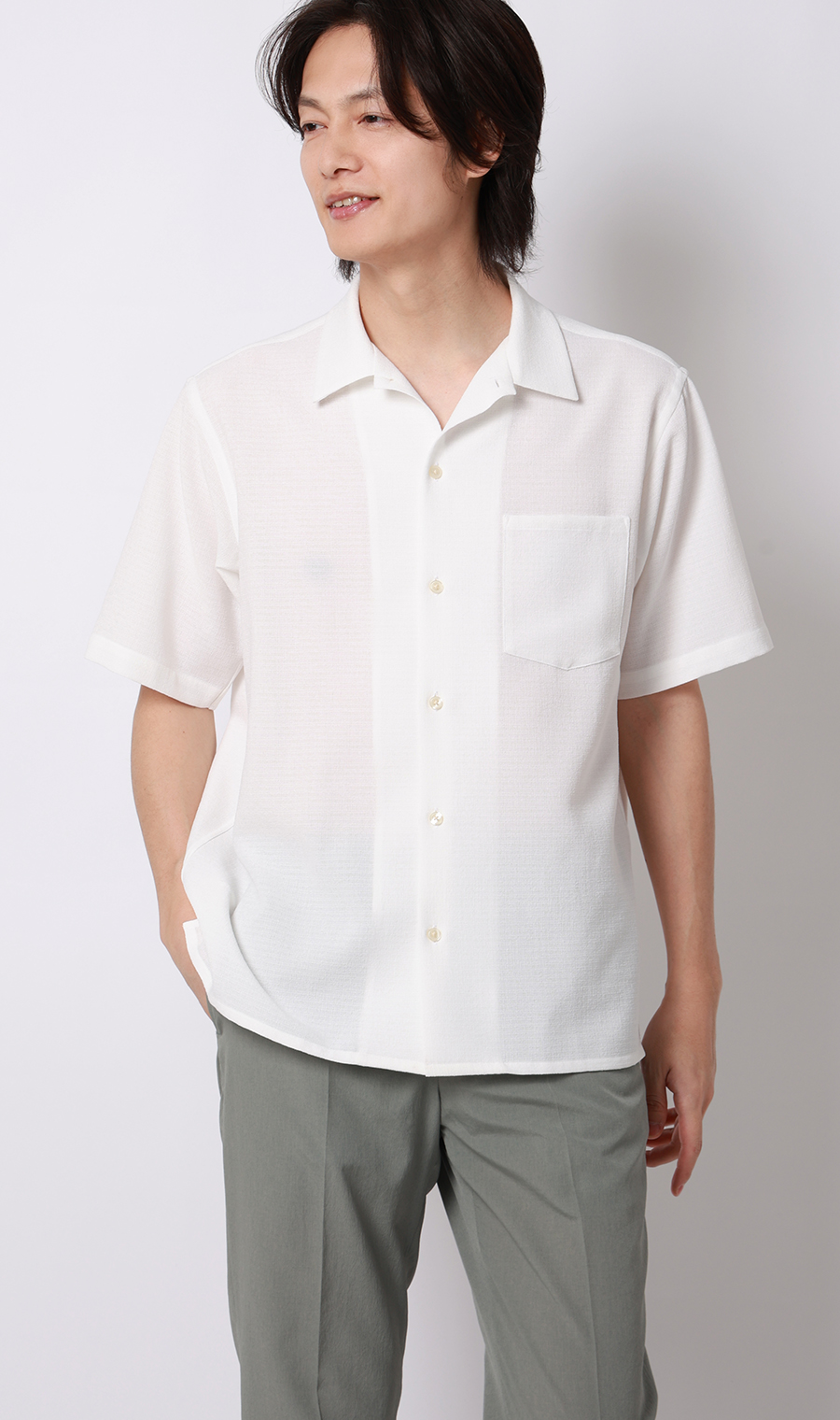 リネンライクオープンカラーシャツ【半袖】【Reflax】 ホワイト S
