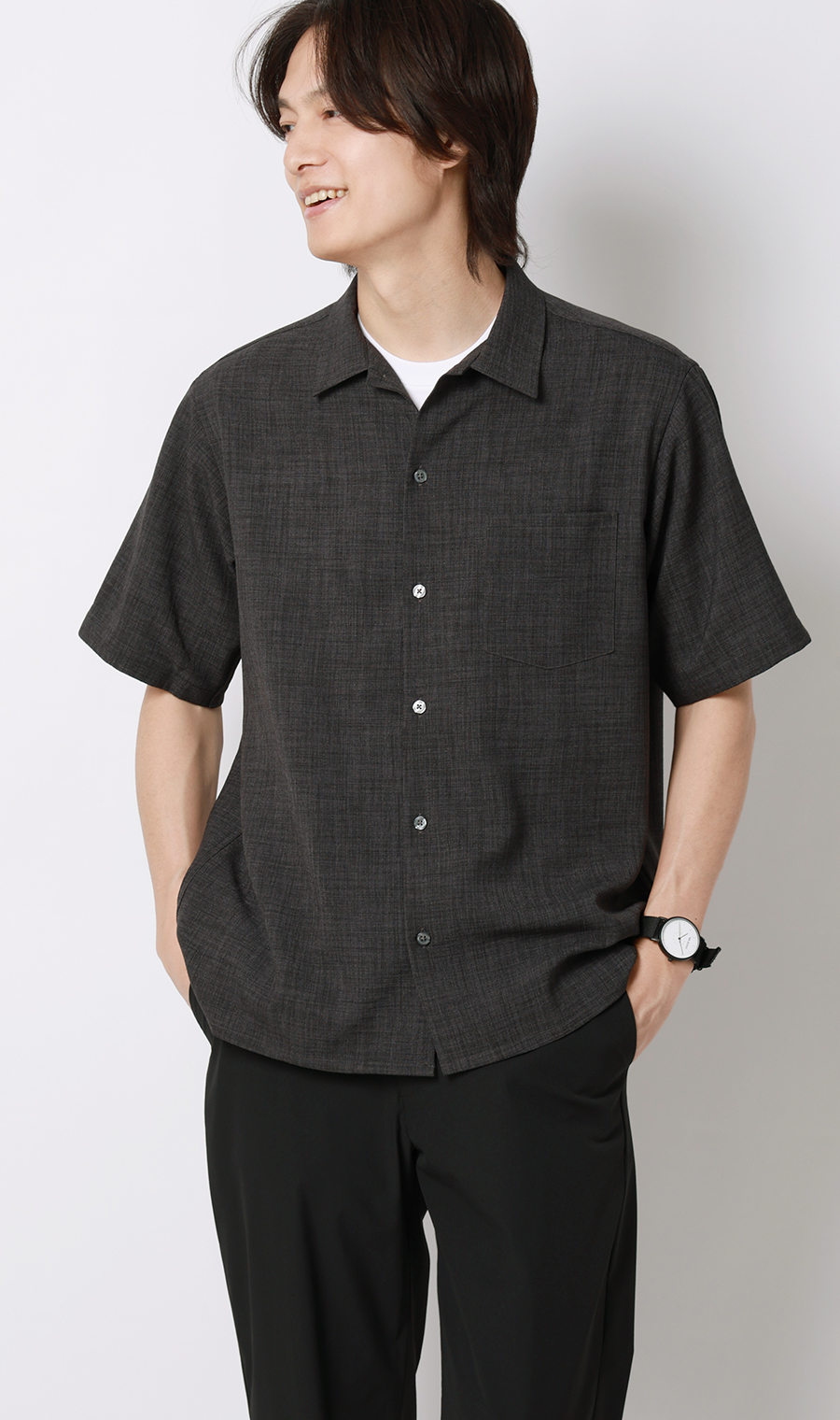 リネンライクオープンカラーシャツ【半袖】【Reflax】 チャコール S