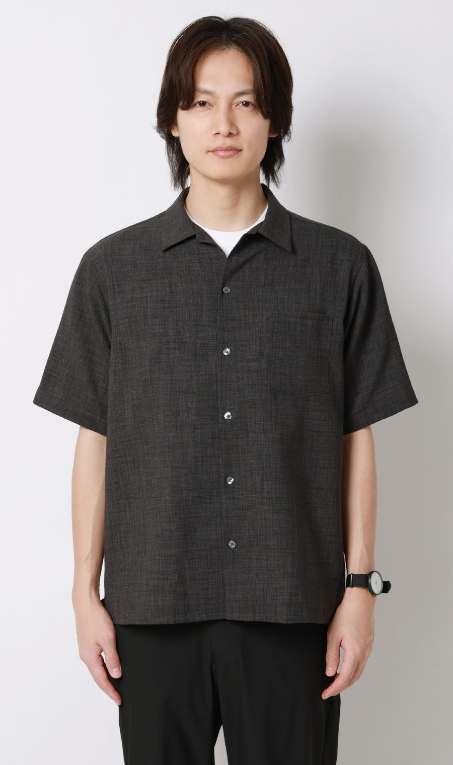 リネンライクオープンカラーシャツ【半袖】【Reflax】 チャコール S