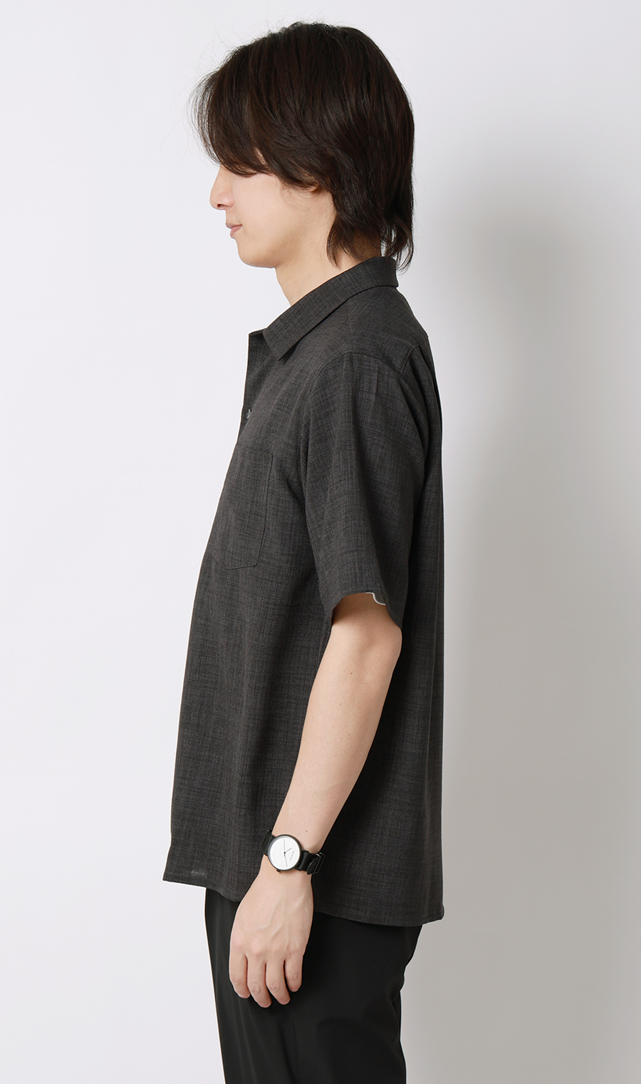 リネンライクオープンカラーシャツ【半袖】【Reflax】 チャコール S