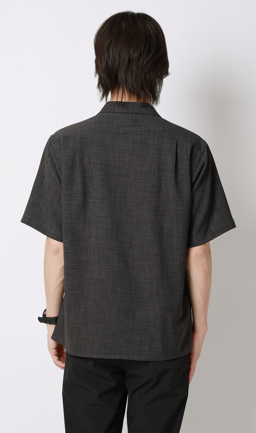 リネンライクオープンカラーシャツ【半袖】【Reflax】 チャコール S