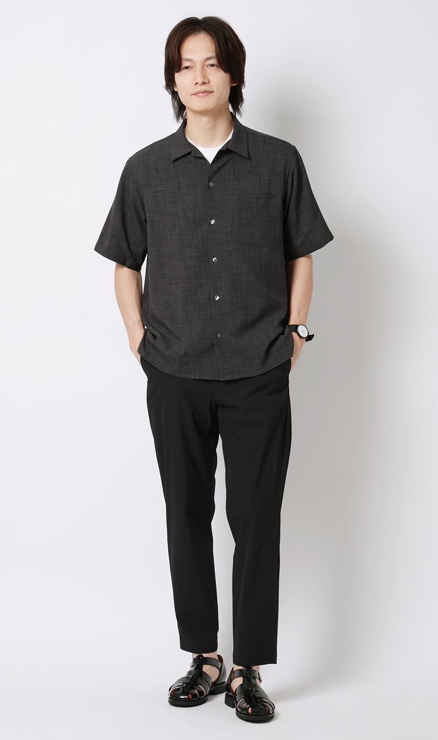 リネンライクオープンカラーシャツ【半袖】【Reflax】 チャコール S