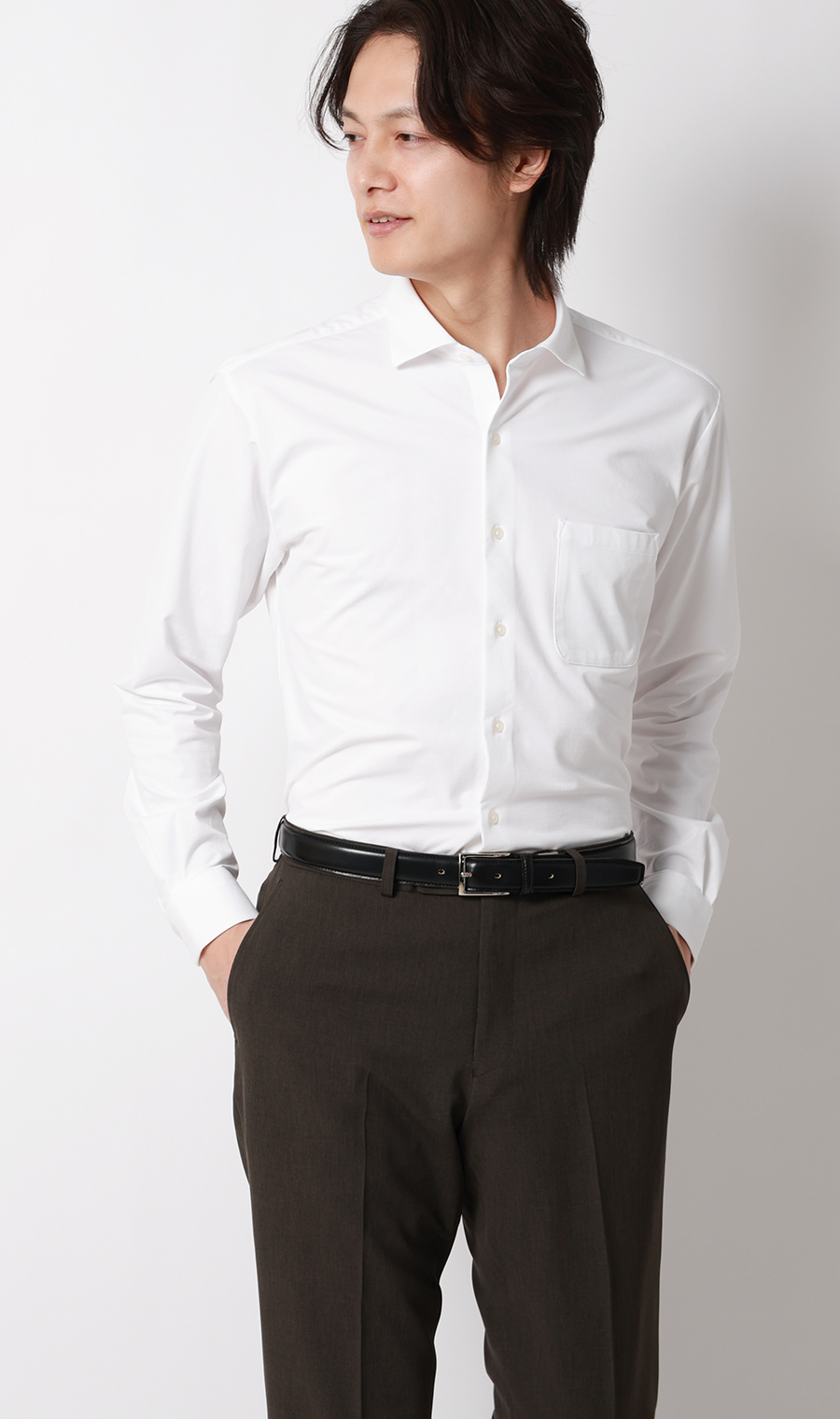 ワイドカラーニットシャツ【長袖】【ALTIMA premium PURE WHITE】 ホワイト S