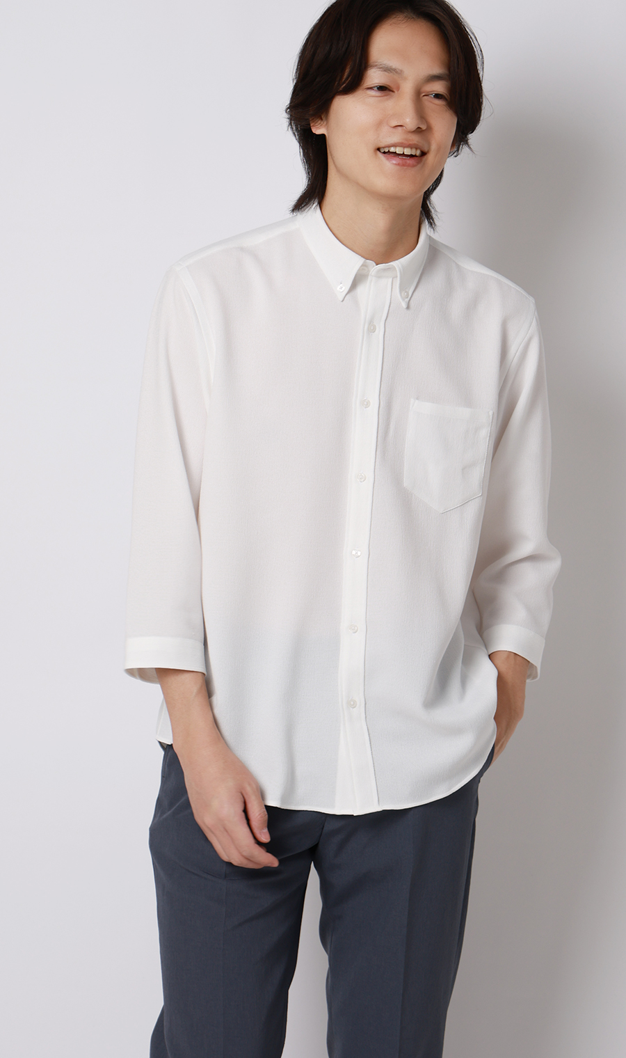 リネンライクボタンダウンシャツ【7分袖】【Reflax】 ホワイト S