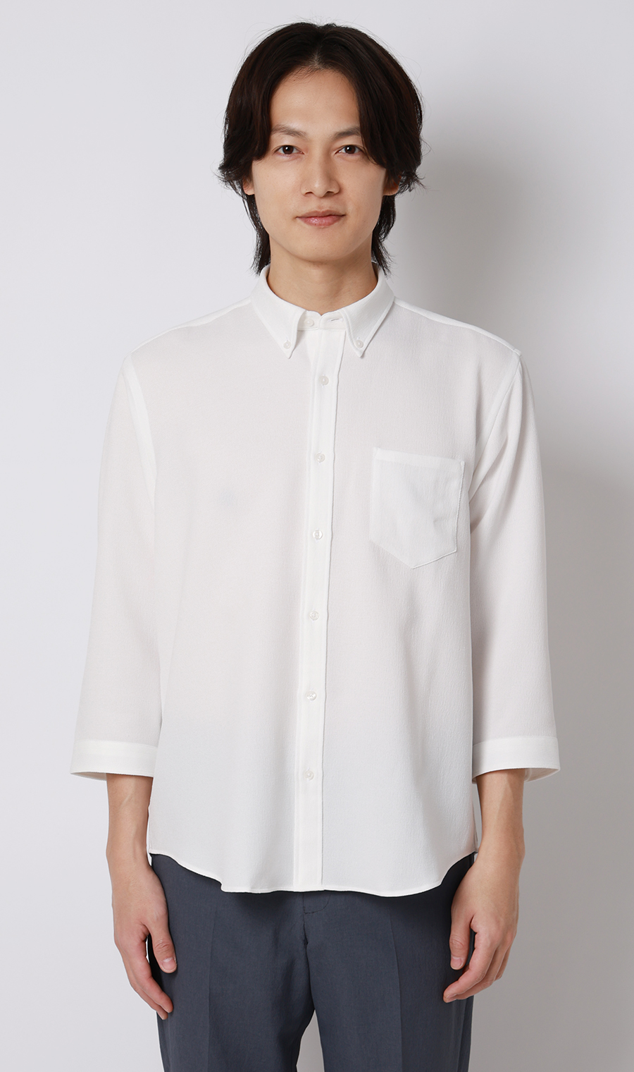 リネンライクボタンダウンシャツ【7分袖】【Reflax】 ホワイト S
