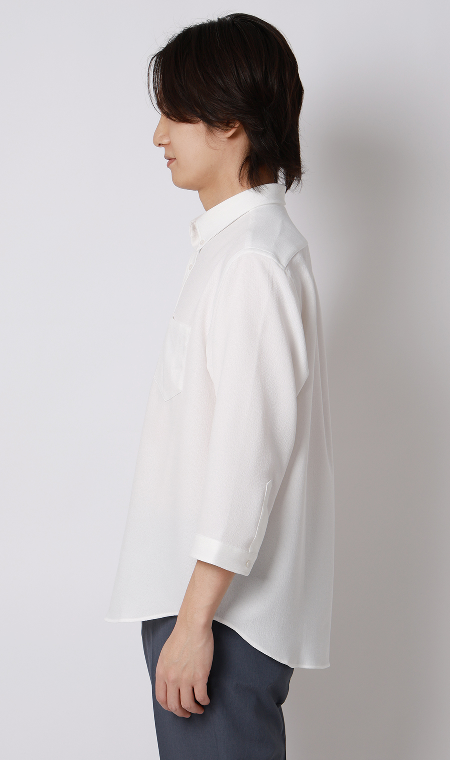 リネンライクボタンダウンシャツ【7分袖】【Reflax】 ホワイト S