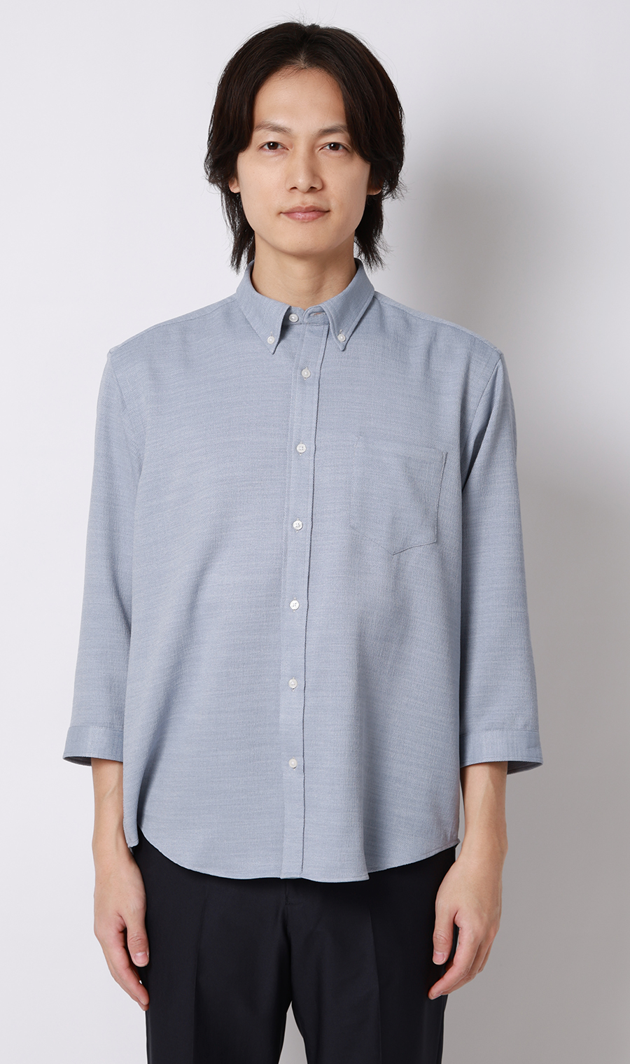 リネンライクボタンダウンシャツ【7分袖】【Reflax】 ブルー S