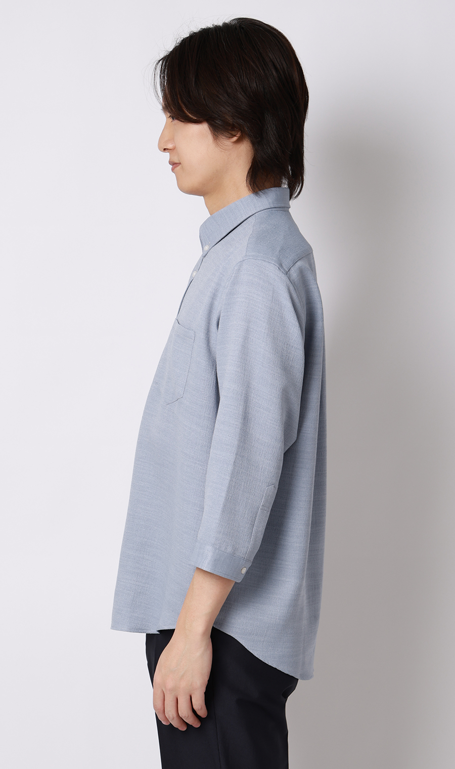 リネンライクボタンダウンシャツ【7分袖】【Reflax】 ブルー S