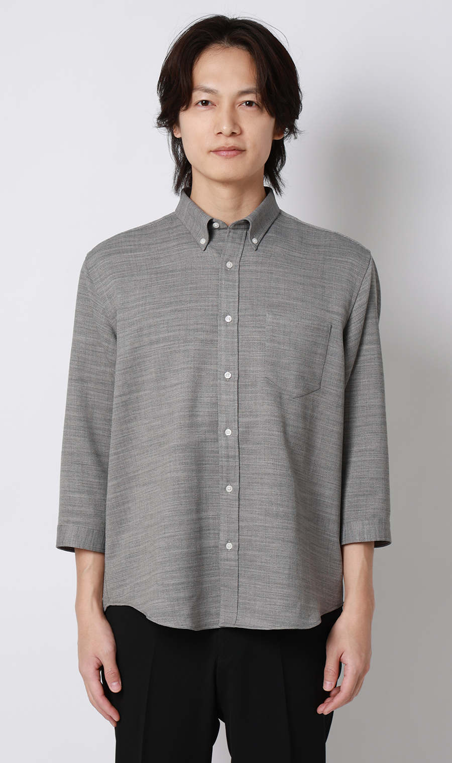リネンライクボタンダウンシャツ【7分袖】【Reflax】 グレー S