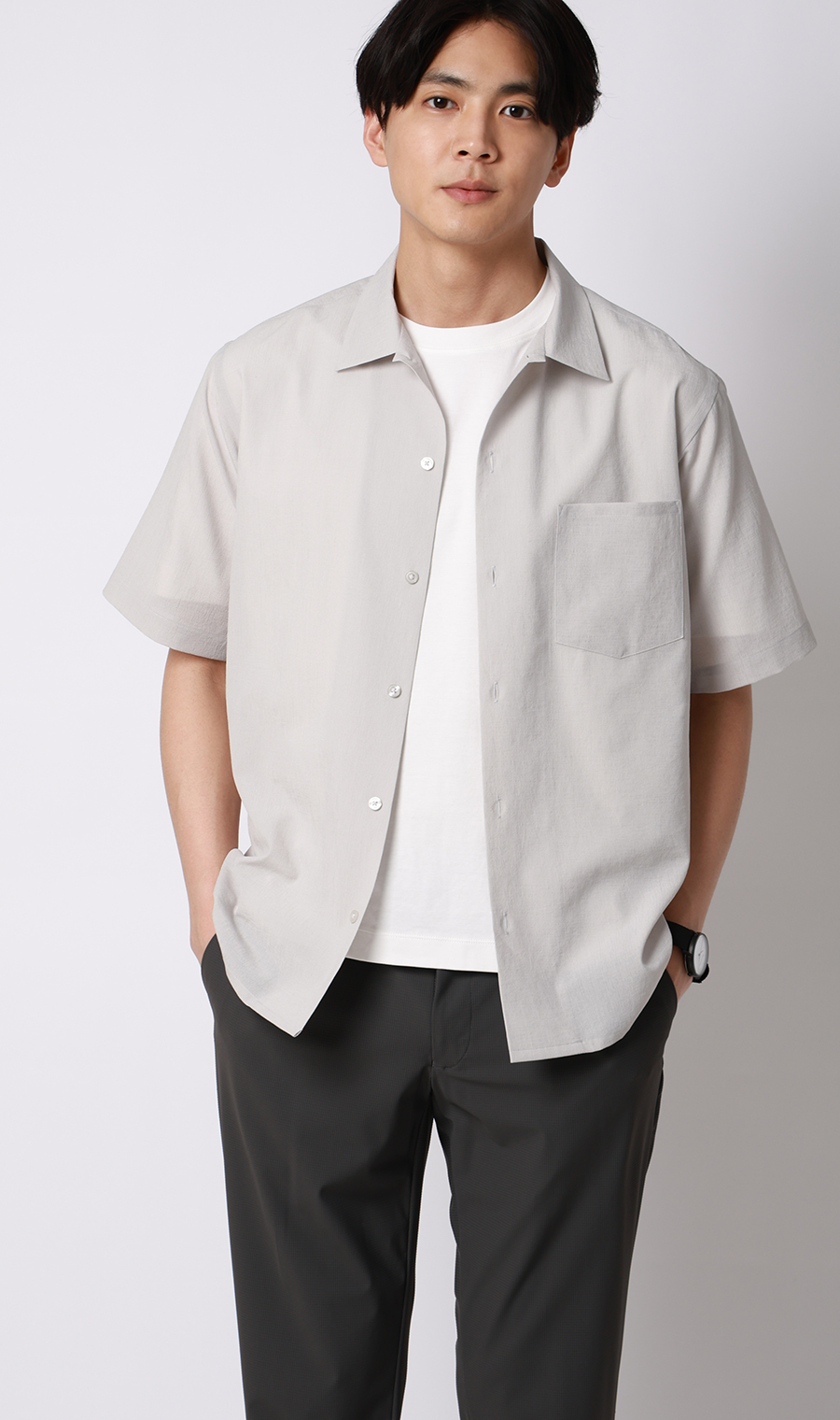 オープンカラーエアリーシャツ【半袖】【Reflax】 ライトグレー S