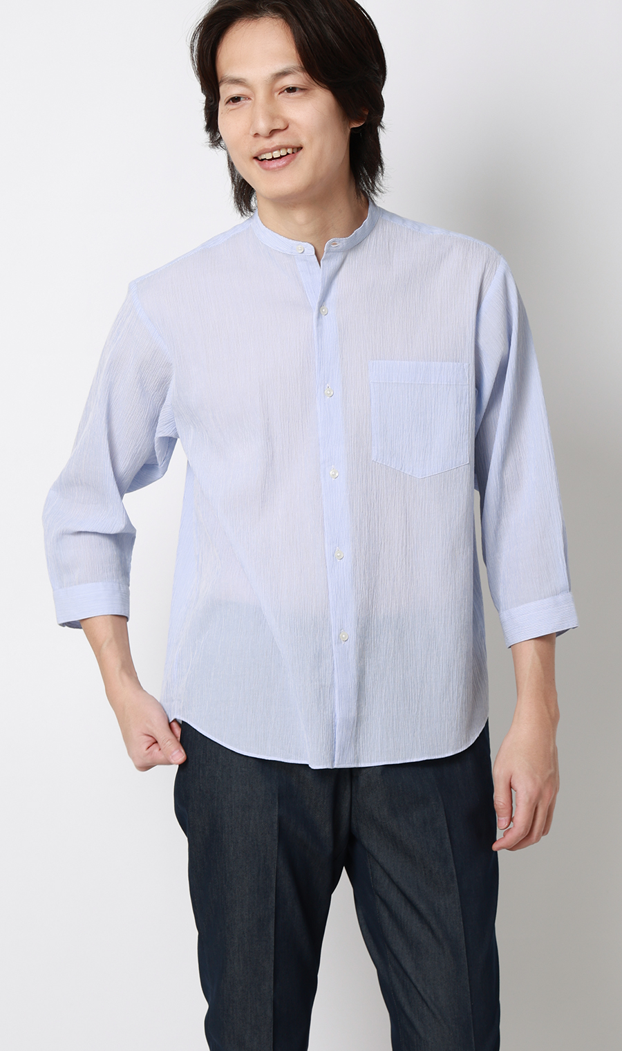 綿クレープスタンドカラーシャツ【7分袖】 ブルー M