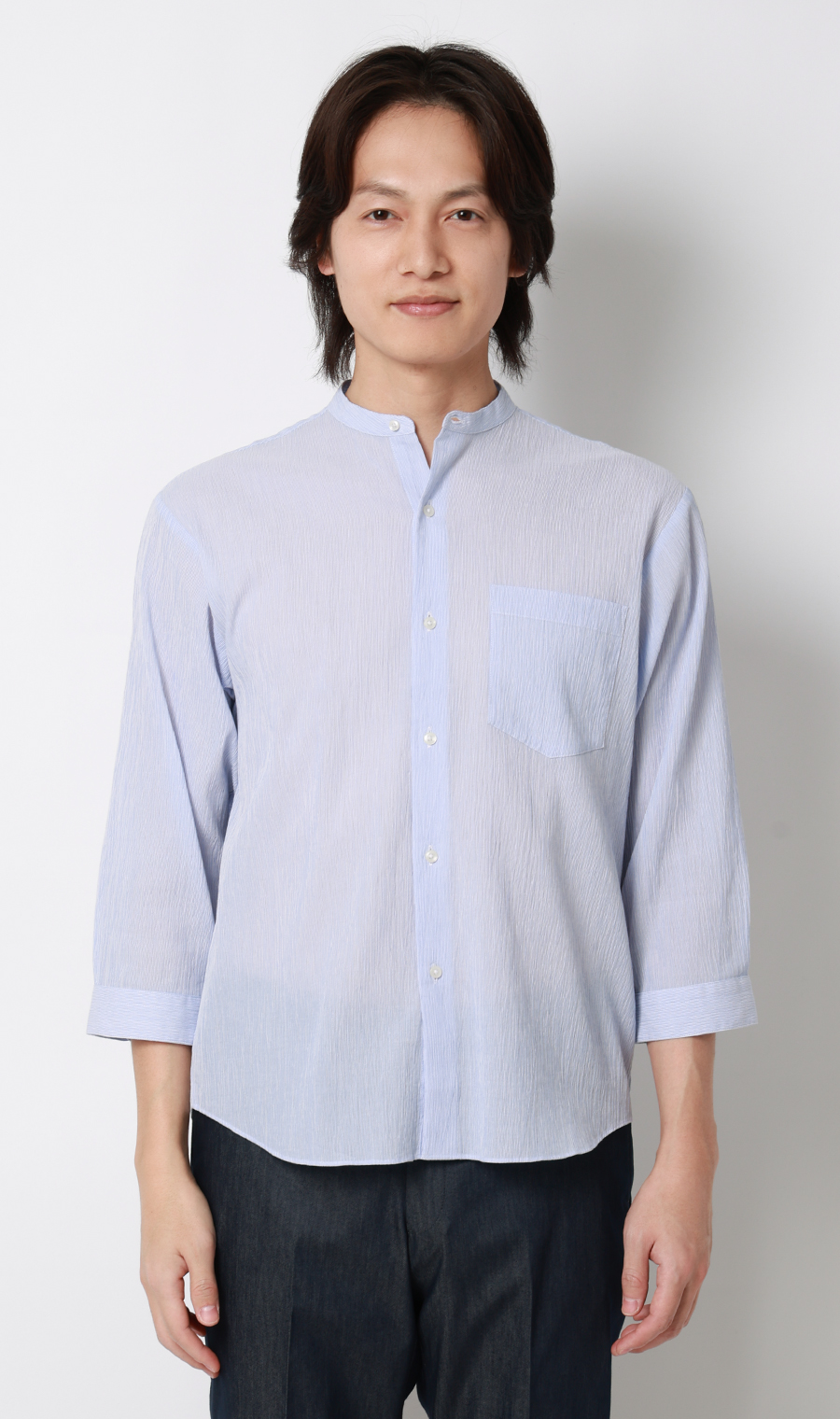 綿クレープスタンドカラーシャツ【7分袖】 ブルー M