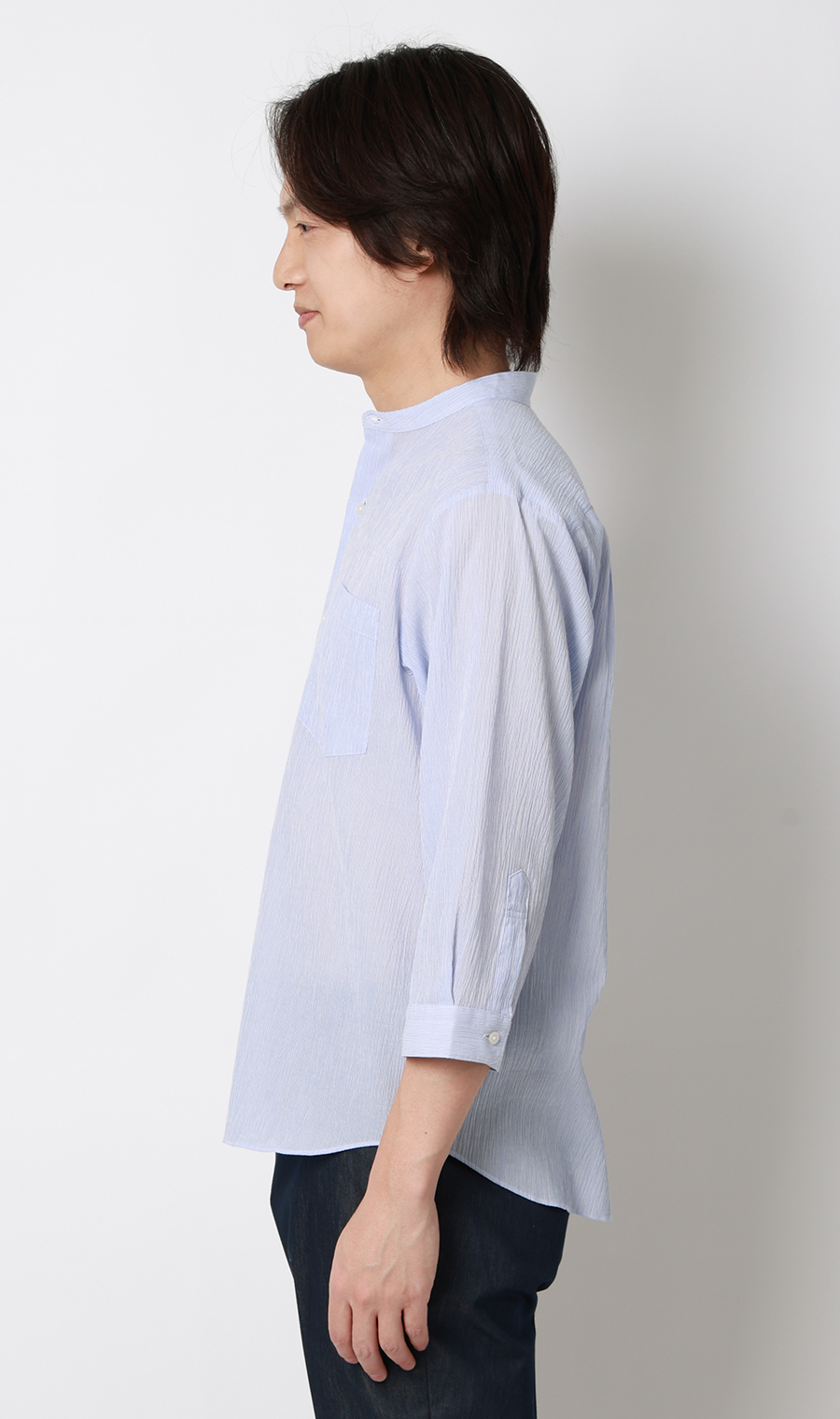 綿クレープスタンドカラーシャツ【7分袖】 ブルー M