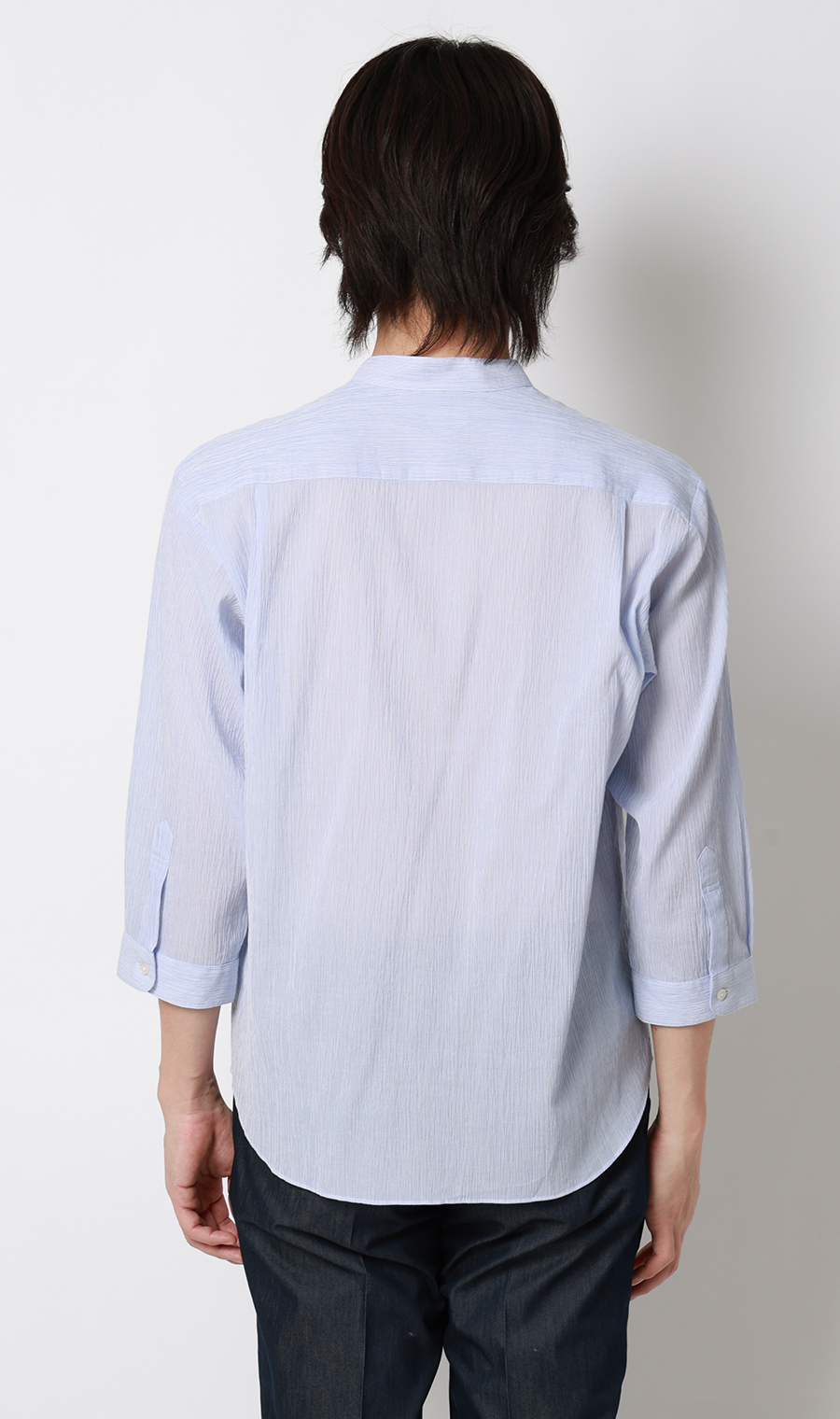 綿クレープスタンドカラーシャツ【7分袖】 ブルー M