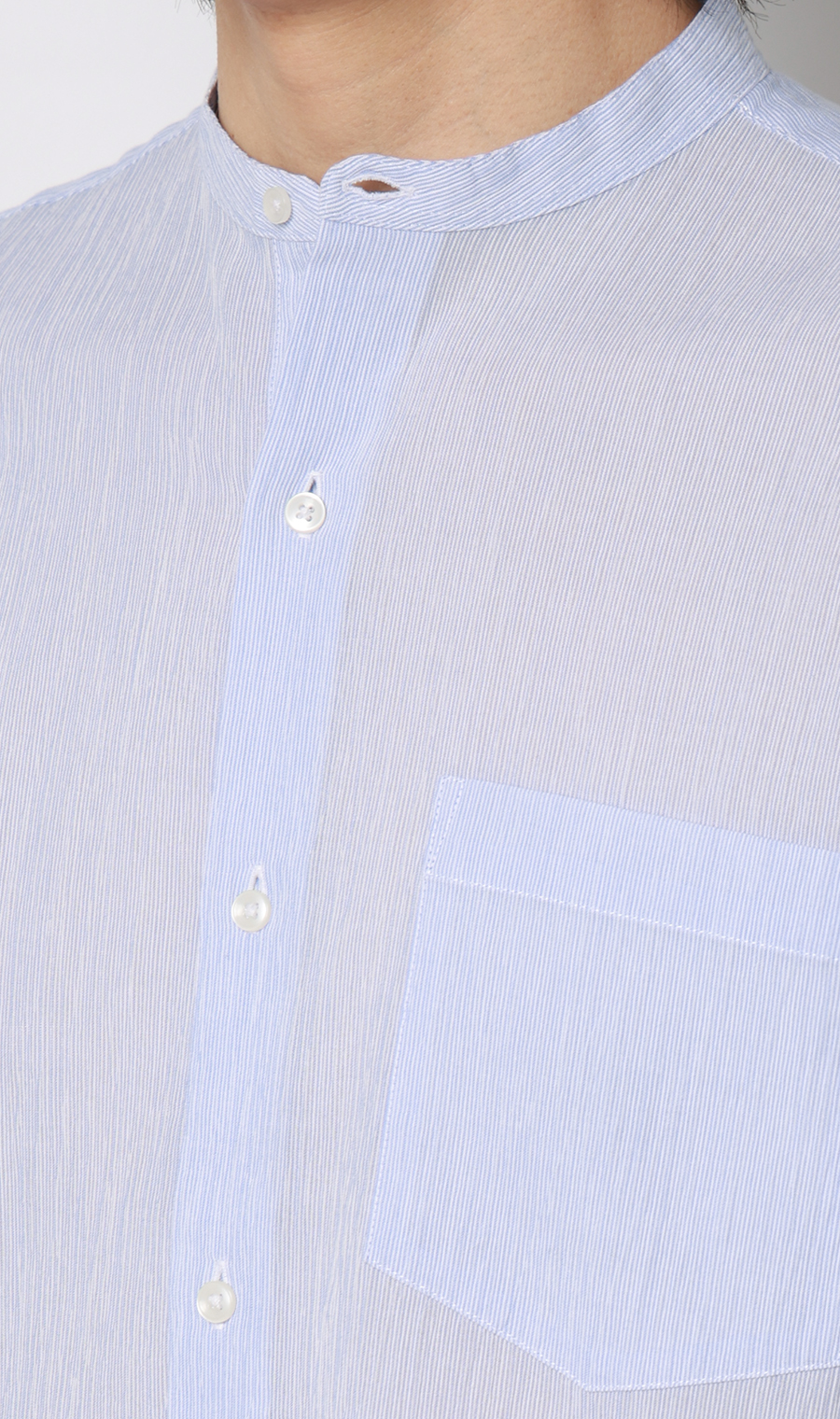 綿クレープスタンドカラーシャツ【7分袖】 ブルー M