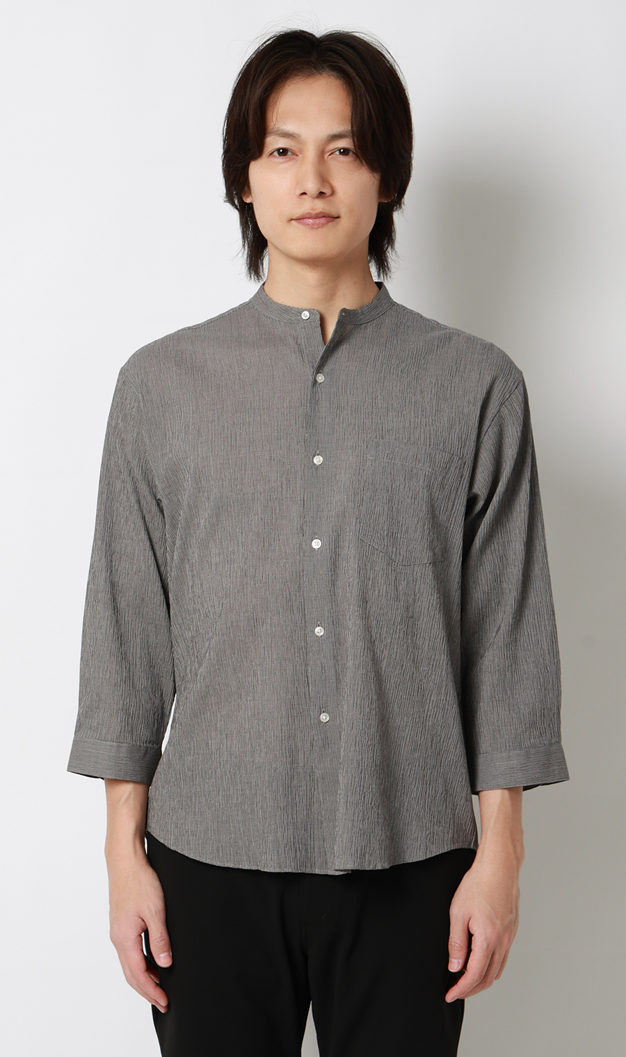 綿クレープスタンドカラーシャツ【7分袖】 チャコール S